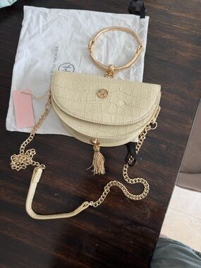 Cream Croc-Embossed Half-Moon Crossbody with Gold Ring Handle